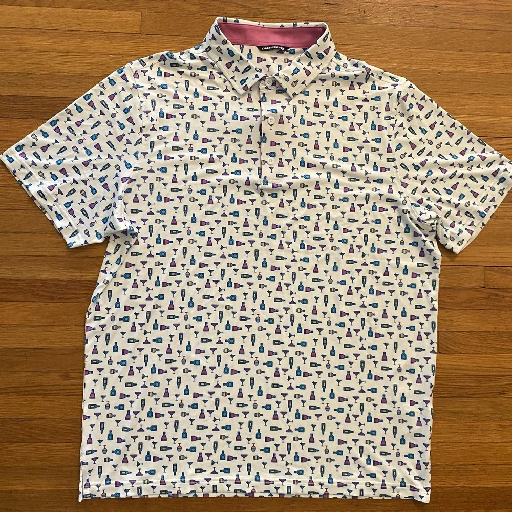 Coobigdog Polo Shirt Mens XL White Cocktail‎ Drink Print Short Sleeve Golf Party - Picture 2 of 9